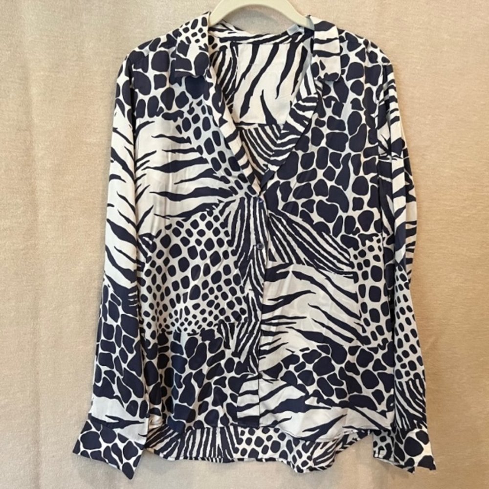 Equipment Navy and White Animal Print Silk Blouse